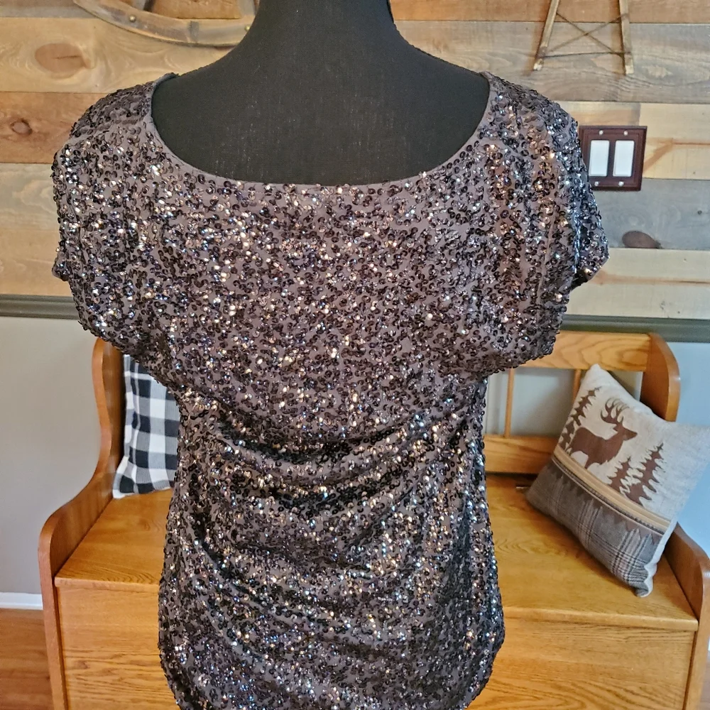 J Crew Black Sequin Short Sleeve Blouse